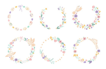 Set Easter wreaths with cute rabbit, bird, eggs, spring flowers, branches on white background. Decorative frame with Easter graphic elements. Design for greeting cards, banners. Vector illustration