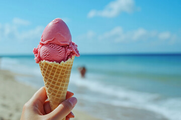 Delicious Pink Ice Cream Cone on Sunny Beach, Summer Vacation Treat