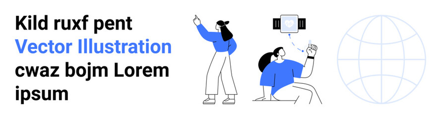 Two individuals interact with digital innovations, one points ahead, and another holds a device. A globe suggests connectivity. Ideal for tech, innovation, teamwork, education, global reach