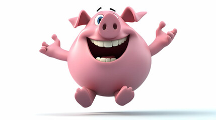 Fototapeta premium Pink Pig Cartoon Character with Big Smile Raising Arms in White Background