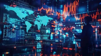 Fototapeta premium Person interacts with digital world map stock data