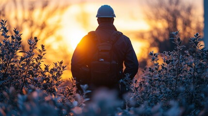 Worker in helmet observing sunset over a field, surrounded by foliage and vibrant colors