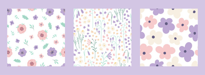 Set cute spring seamless pattern with wildflowers, leaves and branches on white background. Decorative patterns for banner, wallpaper, packaging, textiles design. Vector illustration