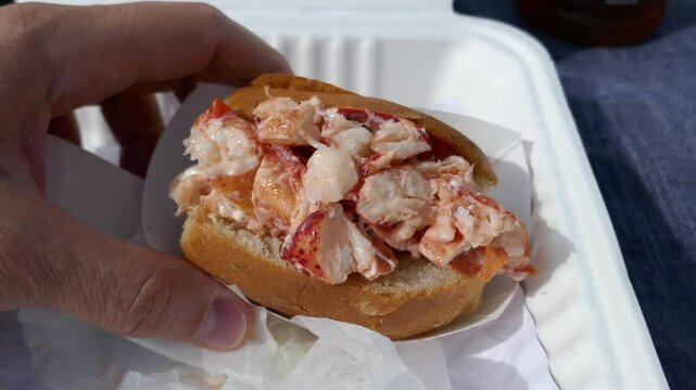 Delicious lobster roll seafood sandwich held in hand and displayed