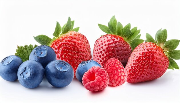 blueberries raspberries and strawberries isolated on white background berries fruits - Powered by Adobe