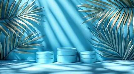 Tropical Product Display Mockup with Blue Background and Palm Leaves