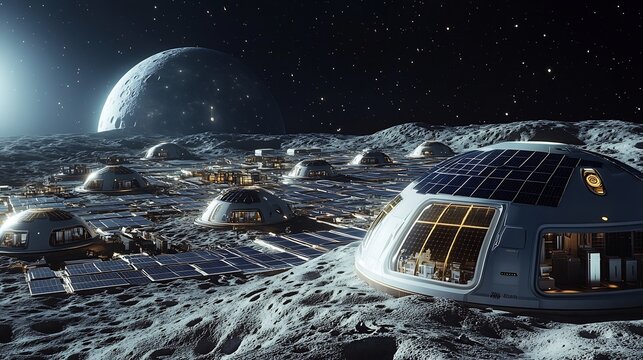 Futuristic crater like moon colony design featuring dome shaped habitats solar panel fields AI integrated modular living pods and an extraterrestrial architectural vision built for lunar exploration