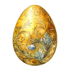 Elegant pastel of an ornate golden Easter egg featuring engraved floral patterns and soft aged patina on a white background