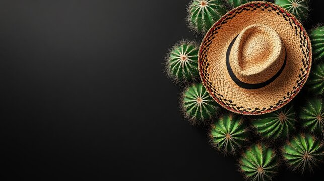 Cacti with sombrero on black background offers an excellent template for a festive flyer or announcement design ready for customization with text