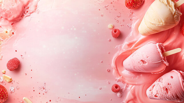 Delicious Strawberry and Vanilla Ice Cream Popsicles on Pink Background