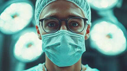 Close-up portrait of a charismatic surgeon doctor in a mask.	
