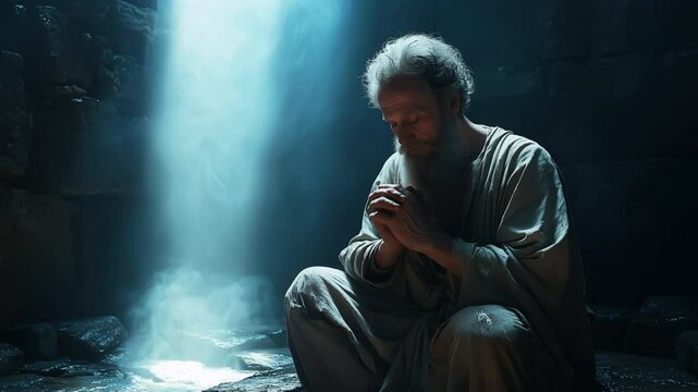 Apostle Paul in prison deep in prayer