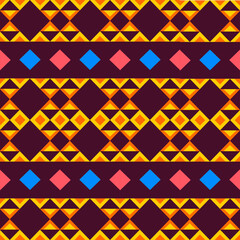 Authentic native-inspired pattern with vibrant geometric shapes in burgundy, yellow, orange, blue and pink. Perfect for textile design, digital backgrounds, and cultural creative projects.​​​​​​​​​​​​