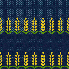 Whimsical botanical pattern featuring stylized yellow leaf motifs with green accents, elegantly cascading across a deep navy background dotted with delicate light blue droplets. 