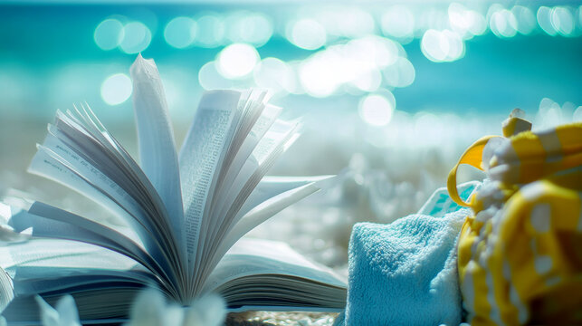 An open book rests on the sand near a towel and bag, soaking up the sun beside the ocean.