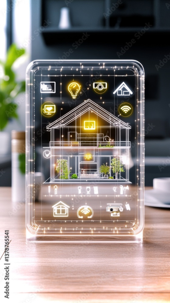 Poster visualization of a cutting-edge transparent smart home with advanced tech and automation
