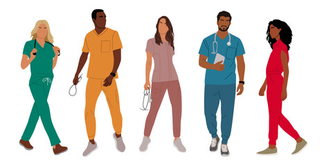 Fototapeta premium Set of doctors, nurses, paramedics. Multiracial, multicultural team of medic workers in uniform scrubs. Flat cartoon vector illustration isolated