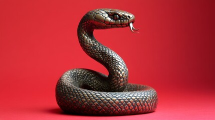 Obraz premium Bronze snake figurine on a red background. The symbol of 2025. Happy Chinese New Year.