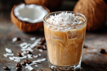 Coconut iced coffee in a glass with shredded coconut garnis