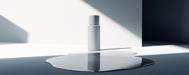 Minimalist image featuring a white bottle surrounded by liquid, emphasizing sleek design and modern aesthetics.