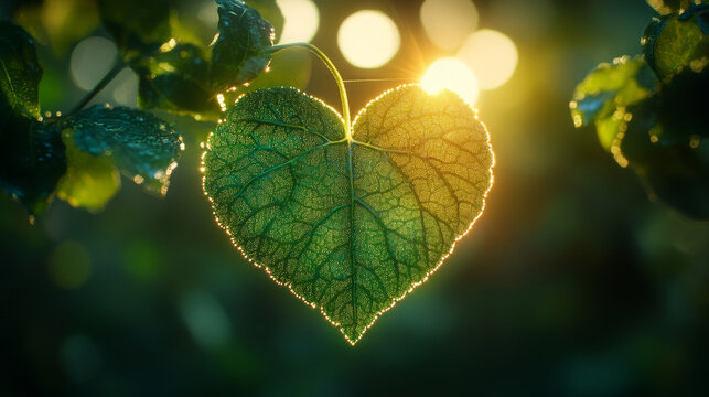 A heart-shaped leaf with a glowing outline shines in sunlight, surrounded by green foliage with bokeh effects. - Powered by Adobe
