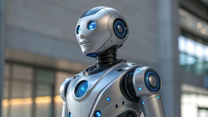 Humanoid robot with glowing blue eyes in modern interior