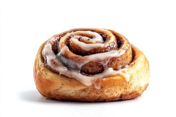 Cinnamon roll with swirls of brown sugar and frosting dripping down the sides, transparent background."