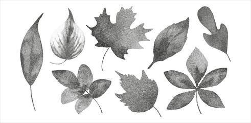Grunge vintage leaves en halftones. Aesthetic graphic tattoo. Gothic punk poster.Trendy elements with retro photocopy effect.