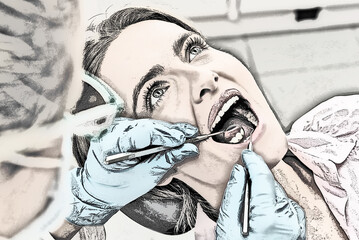 A woman with light hair reclines in a dental chair, her mouth open. A dentist, wearing blue gloves, uses a dental mirror and probe to examine her teeth.