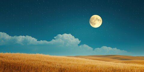 Fototapeta premium Majestic Full Moon Over Golden Wheat Fields with Stars, Peaceful Landscape, Night Scene