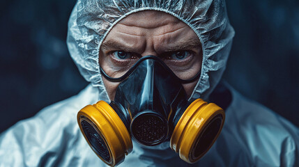 A close-up portrait of a charismatic infectious disease doctor wearing a special mask.