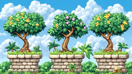 Pixel Art Game Scene with Trees on Stone Platforms Against a Blue Sky and Green Meadow Background in a Cartoon Illustration Style