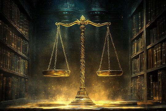 Shiny golden balanced scale in court library background as concept justice and fairness legal symbol. Scale balance for righteous and equality judgment by lawyer and attorney. equility