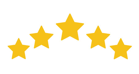5 Star Rating Review with five yellow stars as vector icons, five star icon transparent background. flat style. 5 star sign. black star symbol.