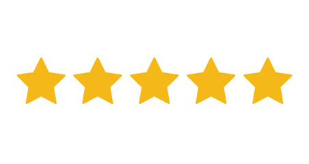 5 Star Rating Review with five yellow stars as vector icons, five star icon transparent background. flat style. 5 star sign. black star symbol.