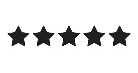 5 Star Rating Review with five black stars as vector icons, five star icon transparent background. flat style. 5 star sign. black star symbol.