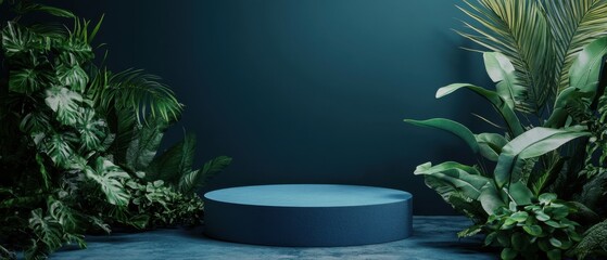 Minimalist blue podium surrounded by lush tropical plants against a dark teal background for product showcase and cosmetic display Concept of nature, beauty, and presentation