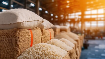 Stacks of burlap sacks filled with rice are neatly arranged in a warehouse, illuminated by warm sunlight filtering through large windows.