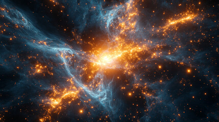 Fototapeta premium A beautiful, colorful, and starry sky with a yellowish cloud in the middle. The sky is filled with stars and the yellowish cloud is surrounded by them