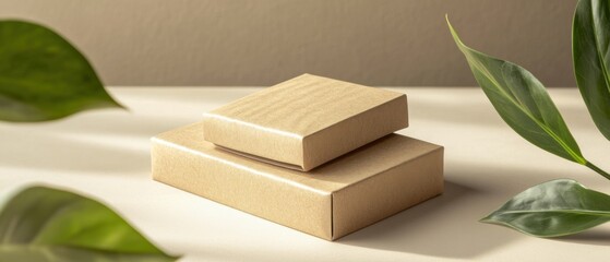Two brown cardboard boxes stacked with green leaves on beige background Concept of sustainable packaging, ecofriendly products, and minimalist design