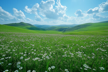  Photorealistic Green Grassy Field with Rolling Hills Under Blue Sky and White Clouds &ndash; High-Resolution HD Landscape Illustration, Serene Nature Scene