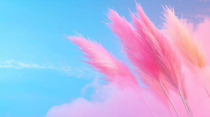 Obraz premium Pink Pampas Grass Against a Pastel Blue Sky and Soft Clouds, Summer Aesthetic