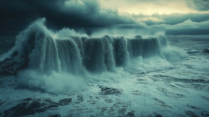 Fototapeta premium Rising waves meet cracked ice under a stormy sky, a stark reminder of sea level urgency.