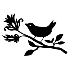 Whimsical Bird on Floral Twig Silhouette