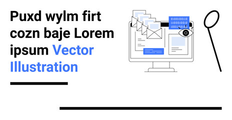 Computer displaying emails with a magnifying glass inspecting binary codes highlights data protection. Ideal for cybersecurity, privacy, analytics, online safety, IT, tech education, simple landing