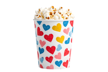 A full cup of popcorn with heart designs on the side against black background