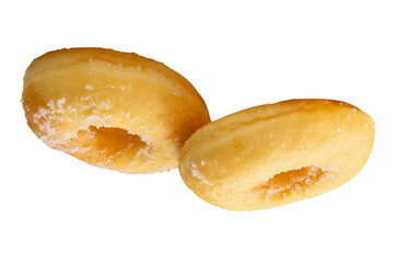 Side view of brown sugar glazed cinnamon donuts in stack isolated with clipping path in png file format
