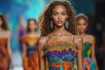 Models of various backgrounds walk confidently down the runway wearing vibrant, colorful outfits designed for a contemporary fashion showcase Generative AI
