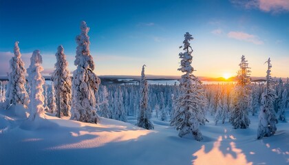 Fototapeta premium winter landscape at sunrise in finnish lapland spruce trees covered by snow