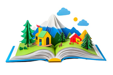 Paper crafted landscape scene emerging from an open children's book